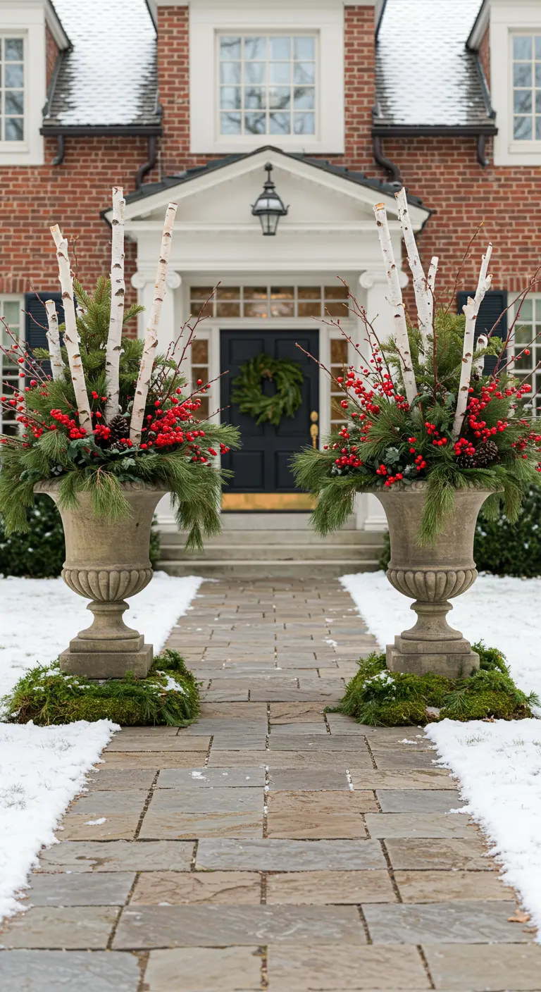 Two large stone urns with birch branches, evergreens, and red berries flanking a home's front door.