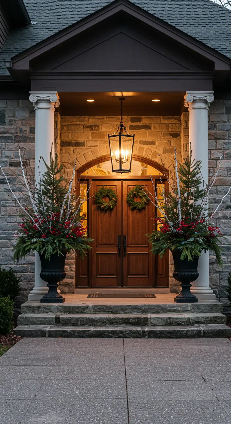 Grand stone entryway flanked by two large black urns with winter floral arrangements.