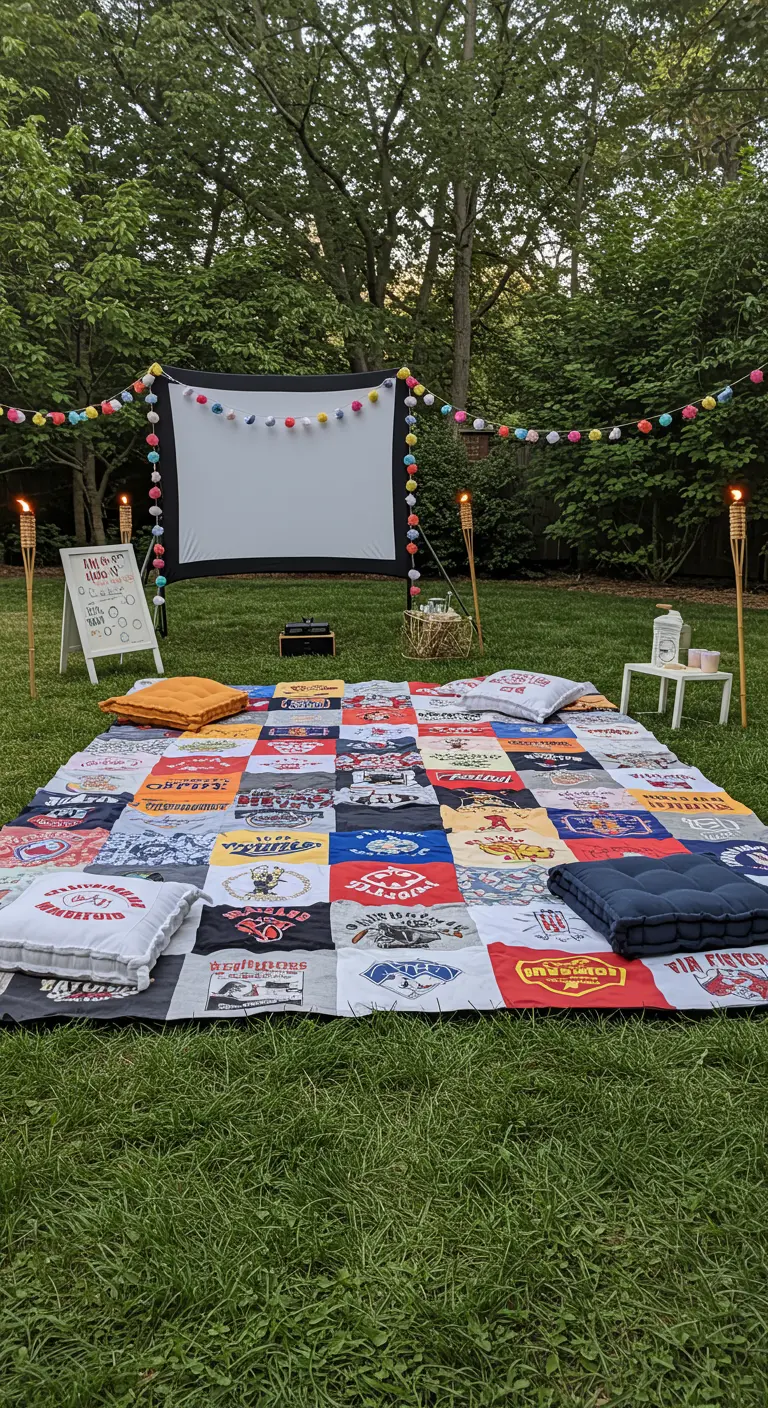A quilt made from old t-shirts used as a blanket for an outdoor movie night.