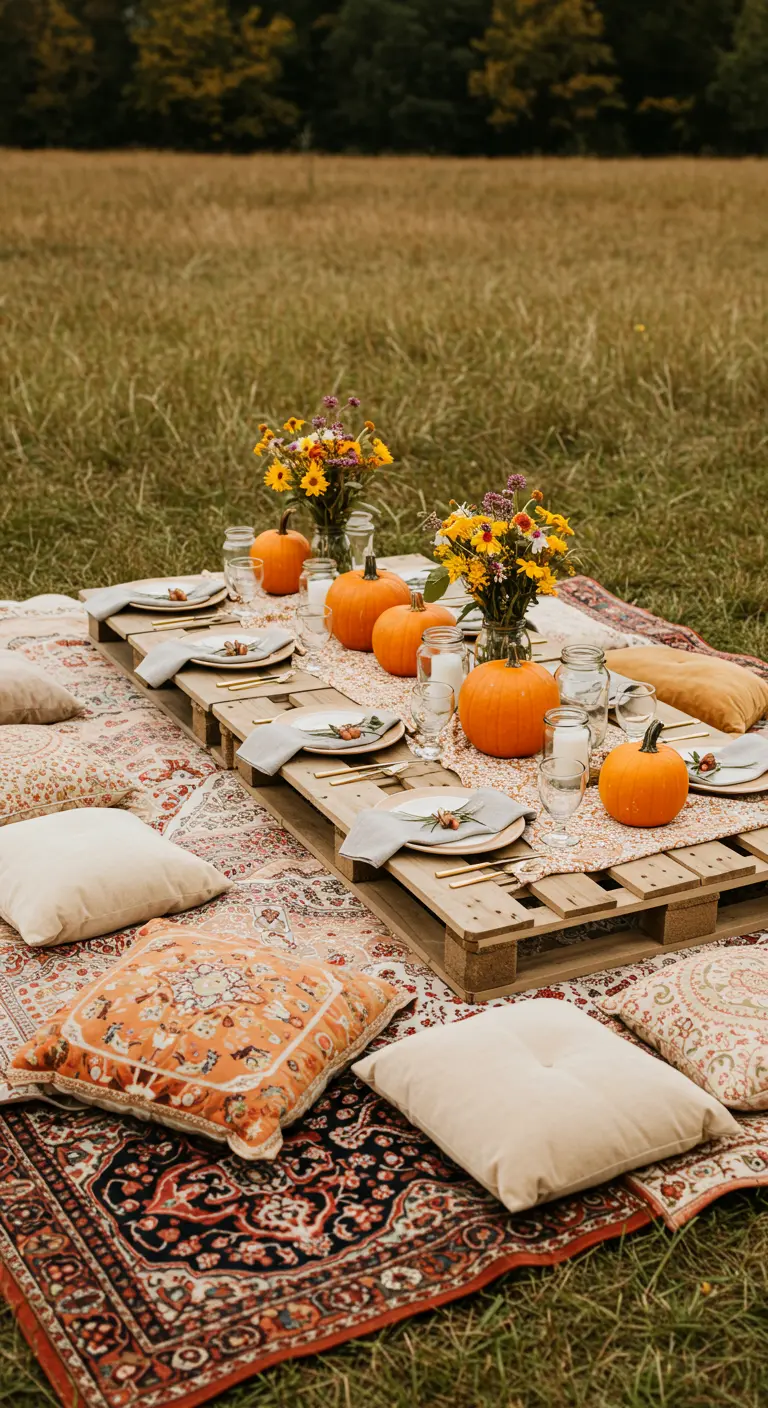 Outdoor boho picnic with a pallet table, patterned rugs, pillows, and pumpkin decor.