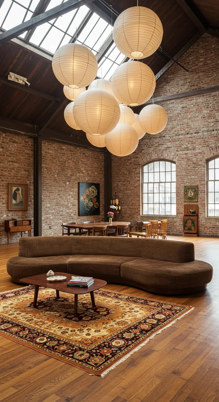 A spacious loft with exposed brick, a large brown curved sectional, and a cluster of paper lanterns.