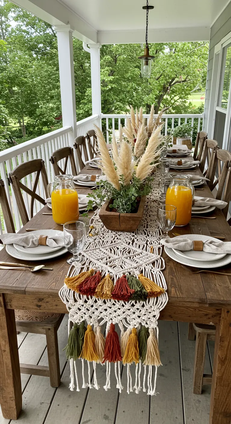 Porch dining table with a colorful tasseled macramé runner and a wood planter centerpiece.