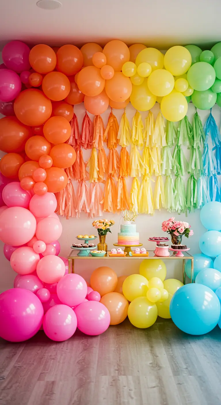 A stunning party backdrop with a rainbow balloon arch layered over a matching rainbow tassel wall.