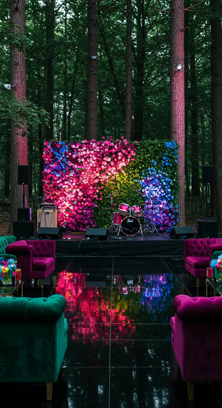 A vibrant, multi-colored flower wall behind a stage with a drum set and velvet couches.