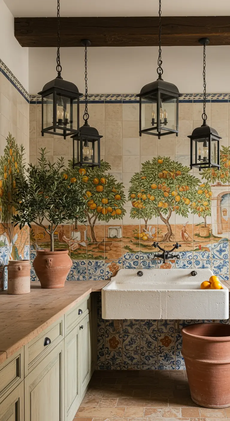 Utility room with a large tile mural of orange trees and a trough sink.