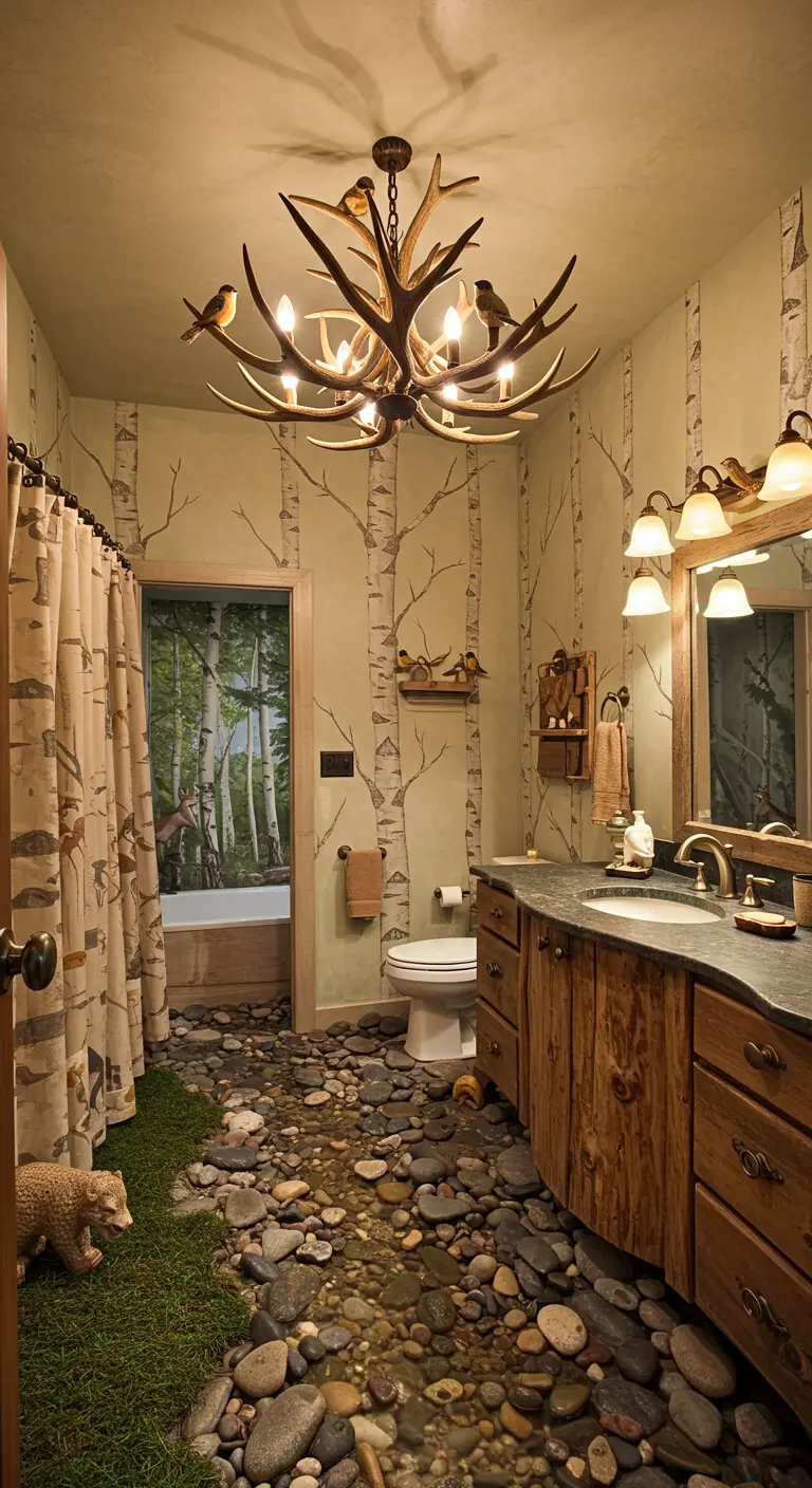 Bathroom with a birch tree wallpaper mural and a 3D floor depicting a forest stream.