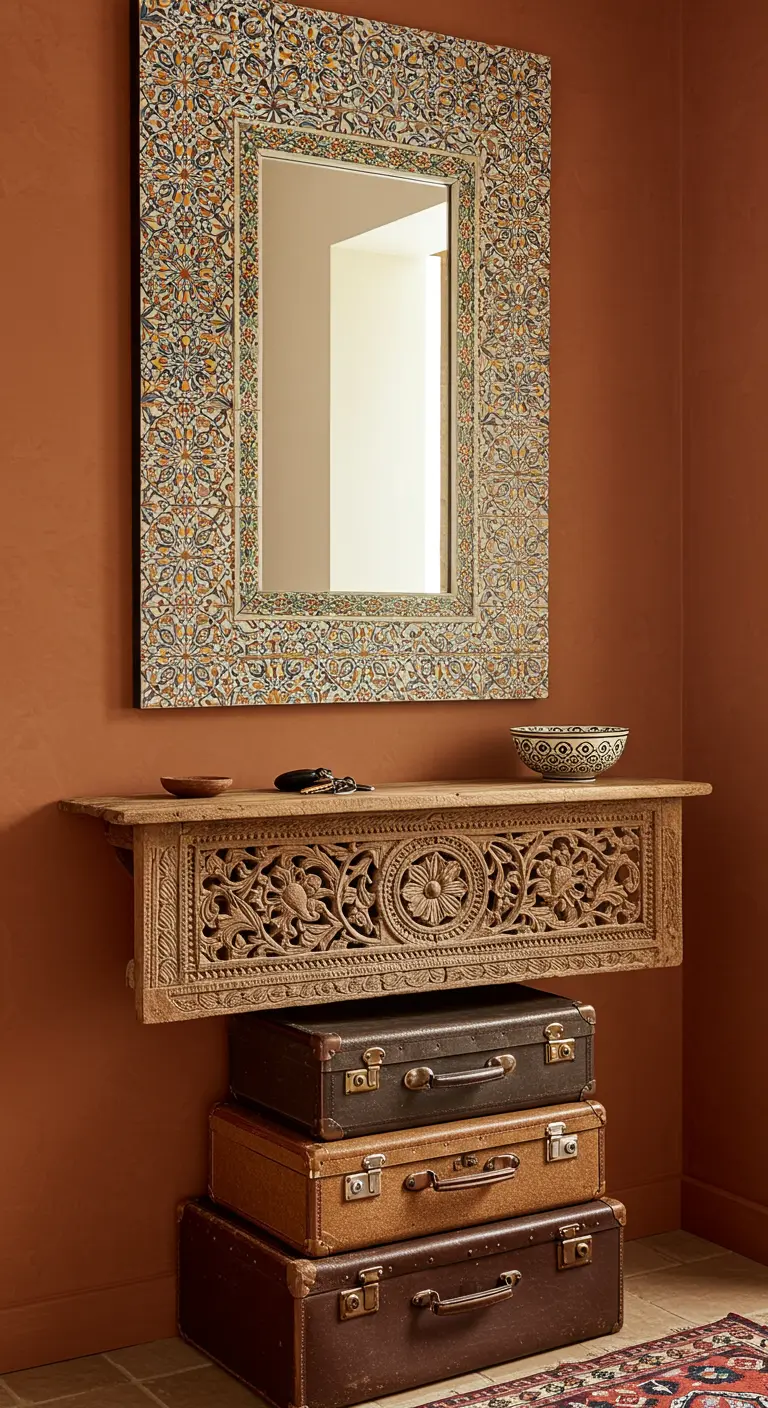 An intricately carved wood console and tiled mirror with vintage suitcases stacked underneath.