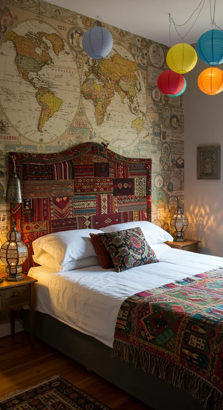 Eclectic bedroom with a map wallpaper and a colorful patchwork headboard.