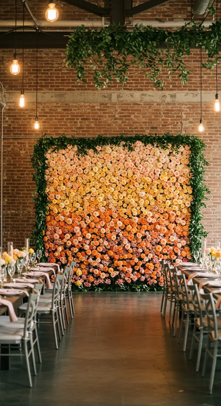 Rectangular ombré flower wall in shades of yellow, peach, and orange.