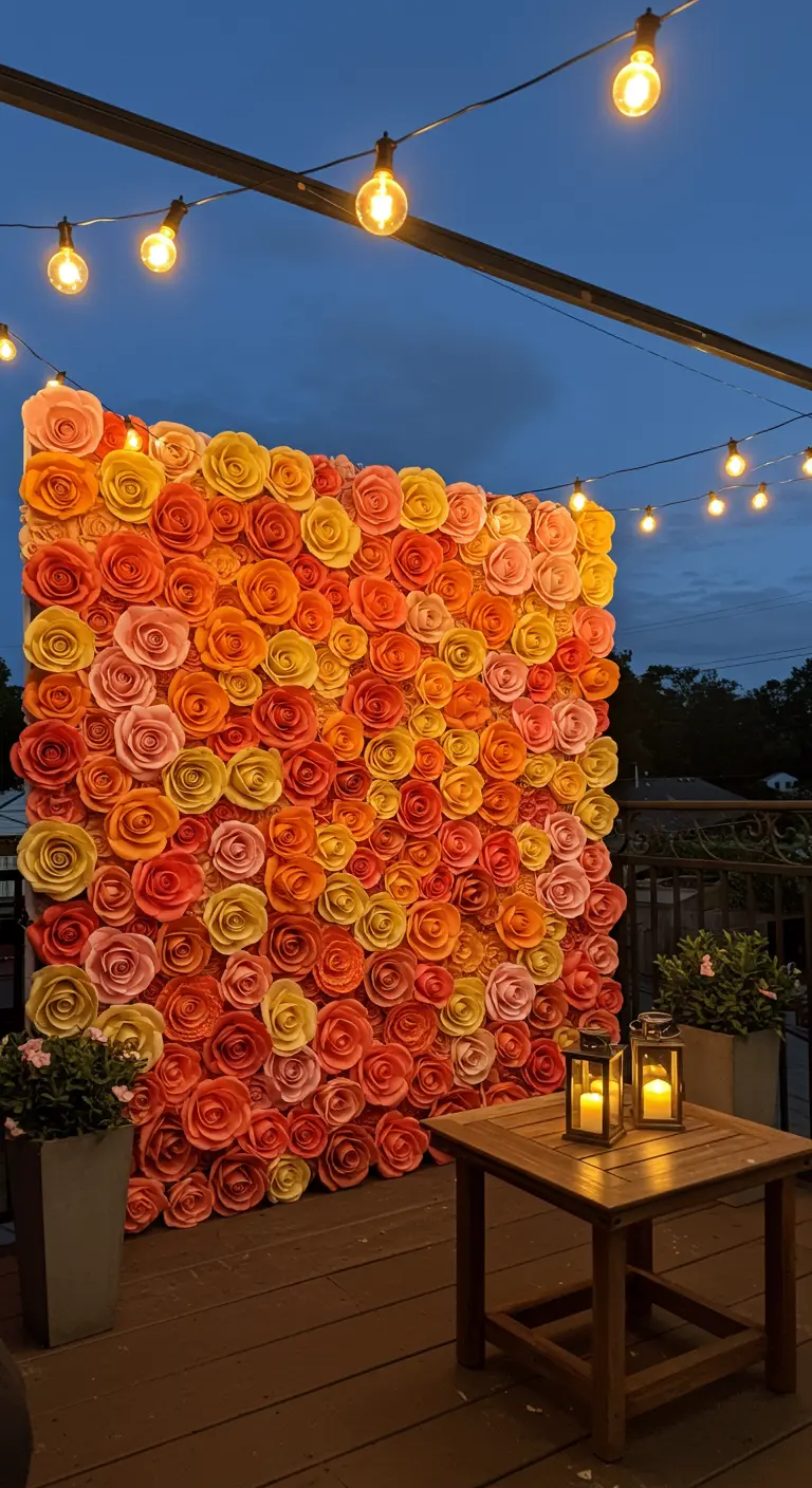 A vibrant ombré paper rose wall in sunset colors on an outdoor deck at dusk.