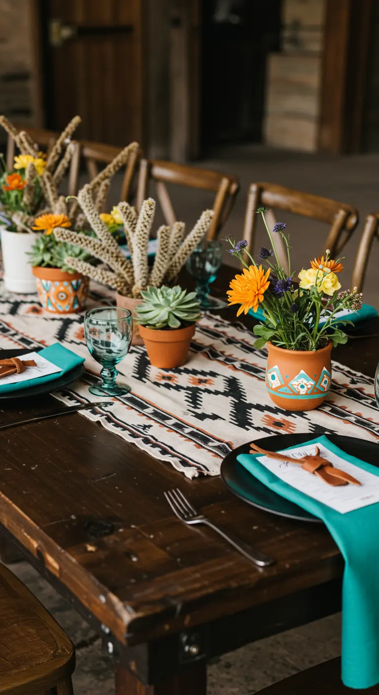 Table setting with terracotta pots, succulents, and a patterned runner.