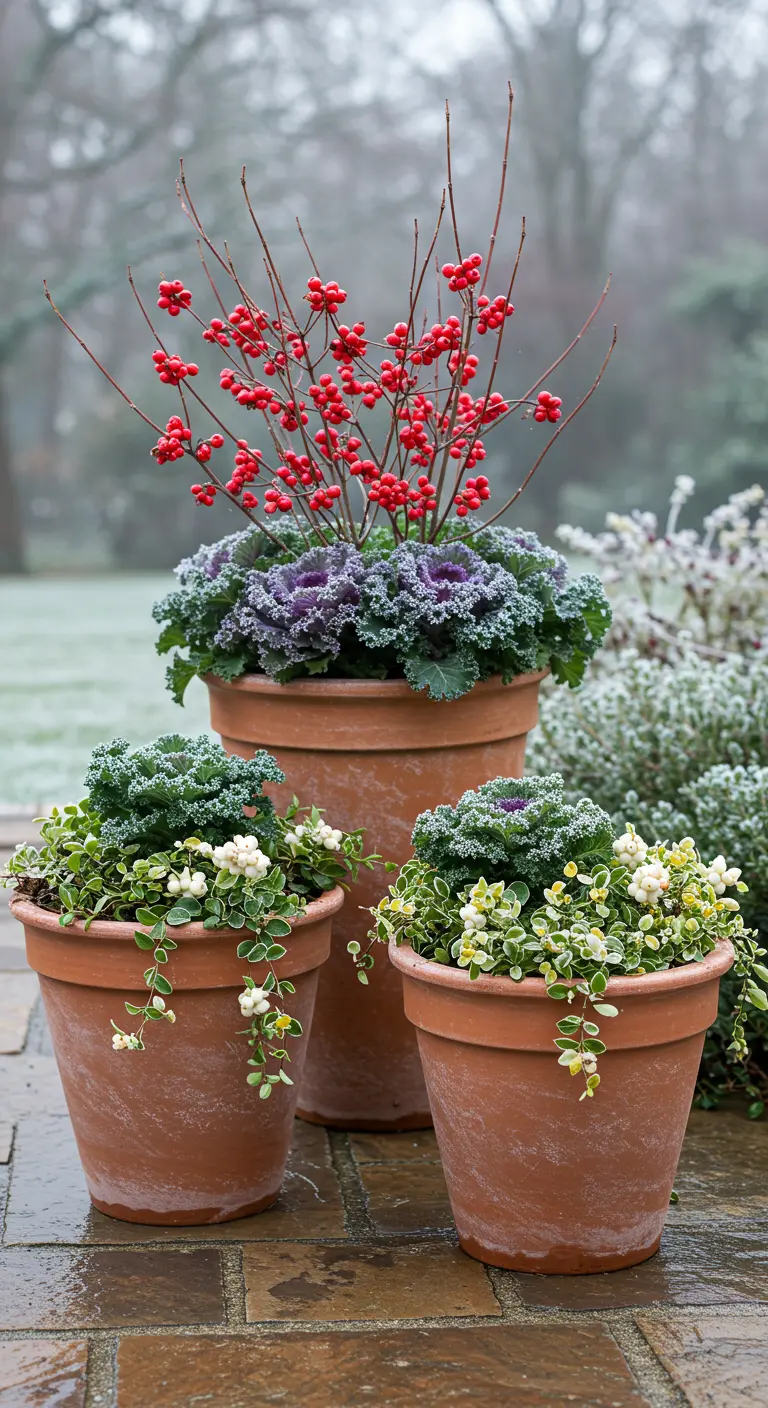 Three terracotta pots of varying sizes with kale, red berries, and snowberries.