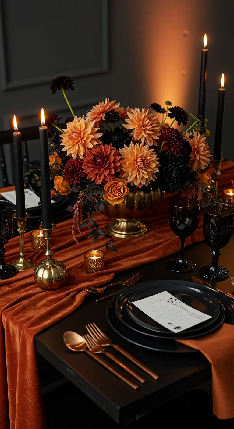 A table with a burnt orange velvet runner, black plates, and a centerpiece of dahlias.