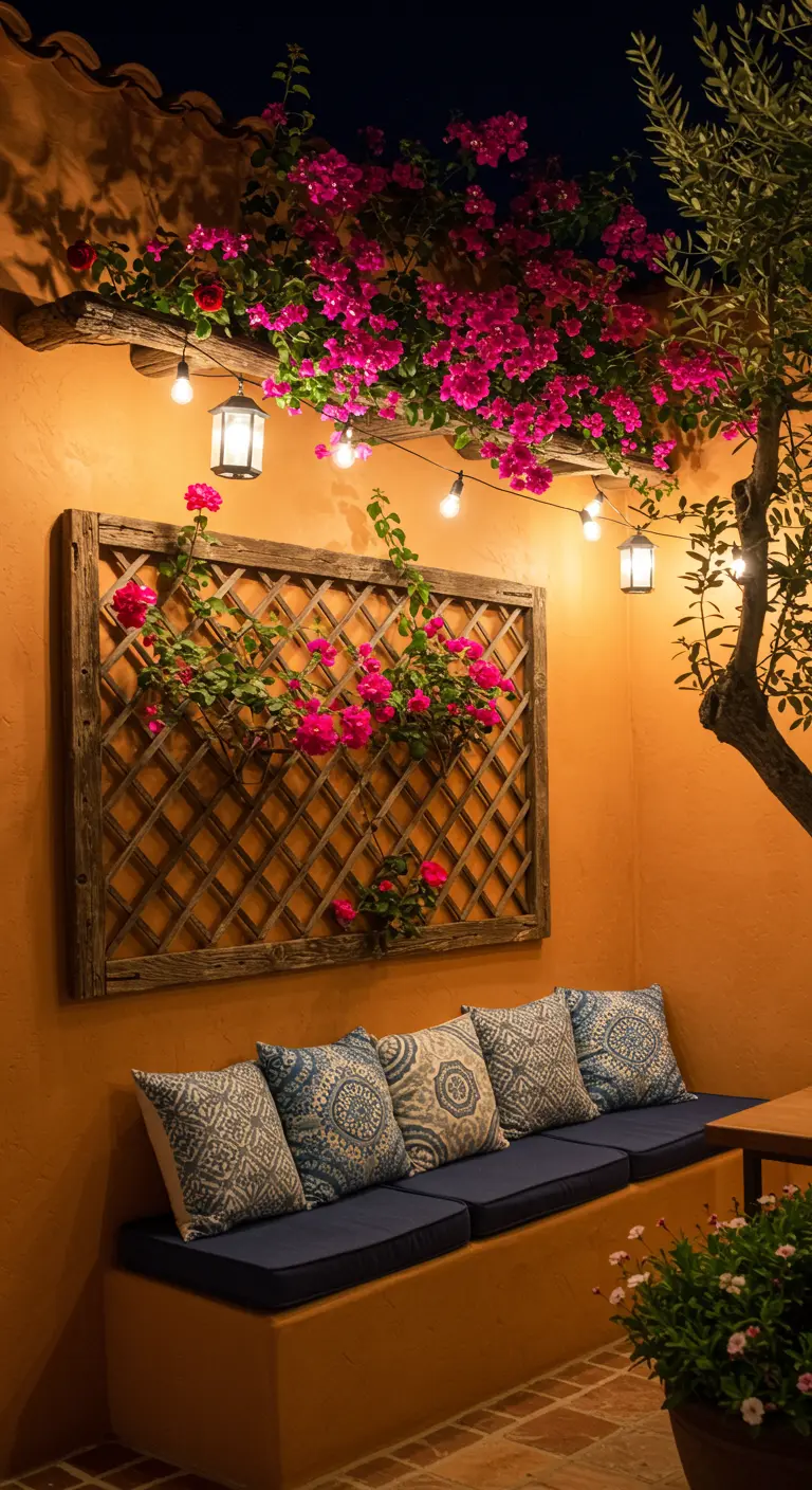 A built-in bench on a terracotta patio with a wooden lattice decorated with pink flowers and lights.