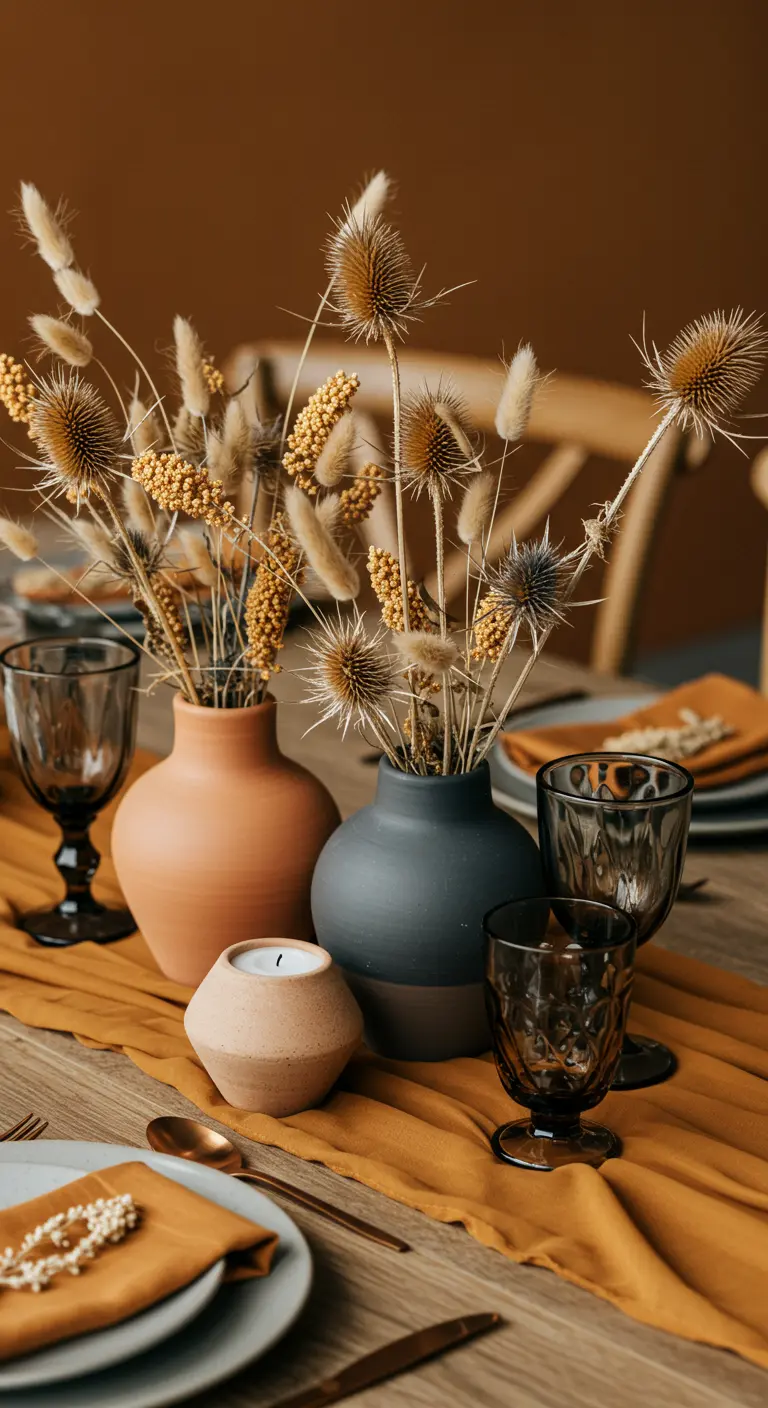 A centerpiece of dried thistles and grasses in matte terracotta vases.
