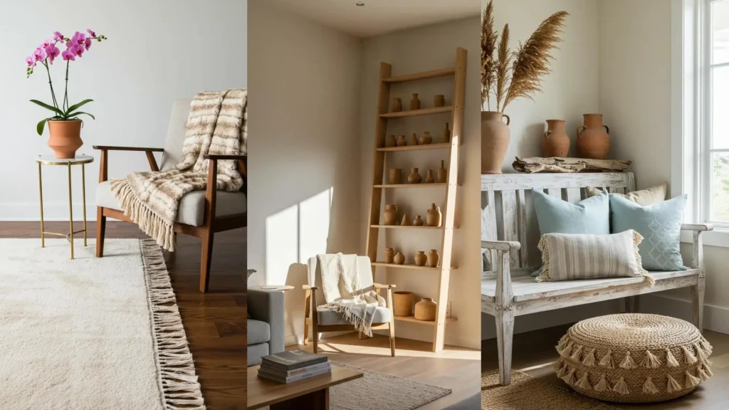 Cozy bohemian living room nooks with fringe accents, earthy clay pottery, textured rugs, and throws.