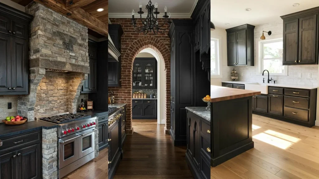 Three stylish kitchens featuring ebony cabinets, textured brick accents, and brass pulls for a modern rustic look.