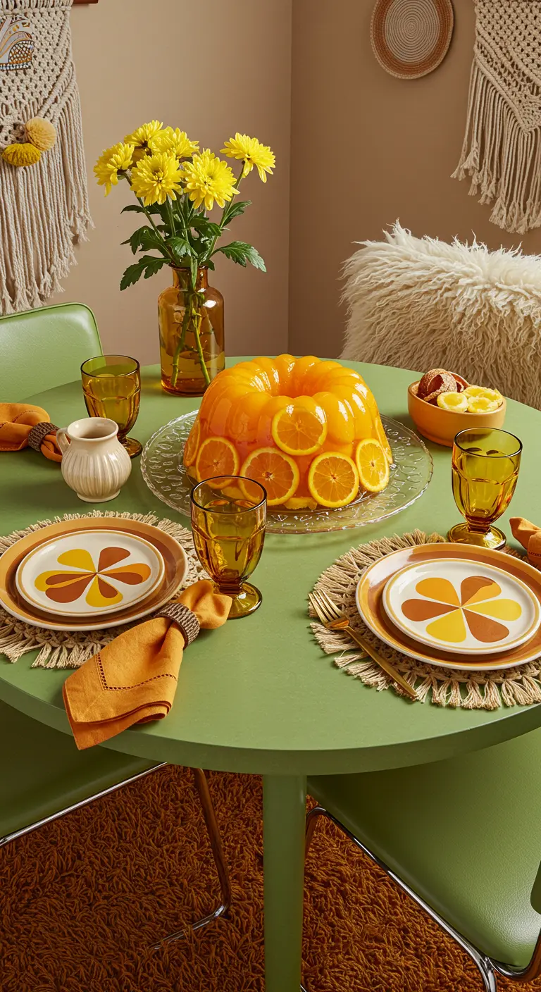 A retro 1970s table with an orange gelatin mold centerpiece and vintage floral plates.