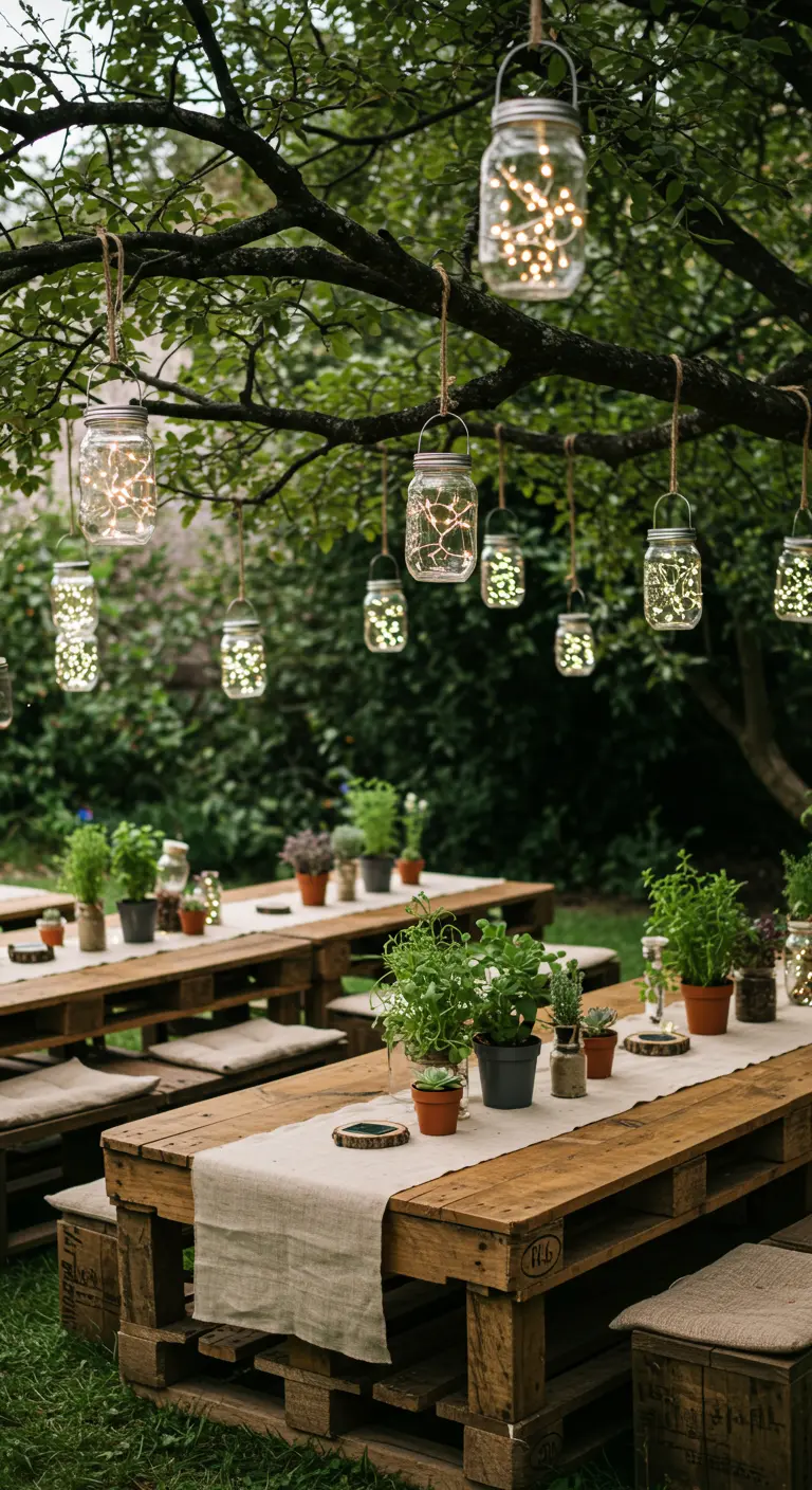 Rustic party setting with tables made from pallets and hanging mason jars with fairy lights.