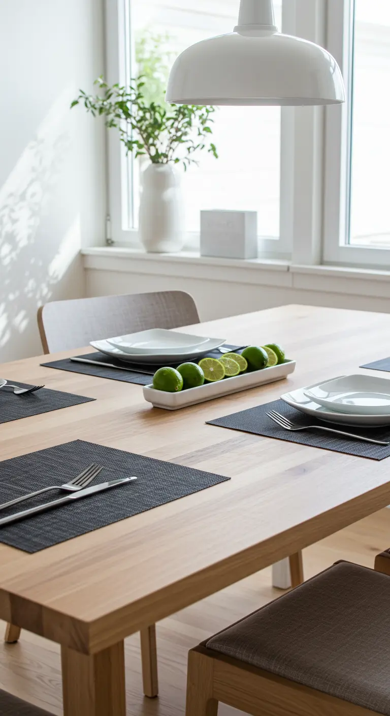 A minimalist dining table with a long white dish holding a neat row of limes.