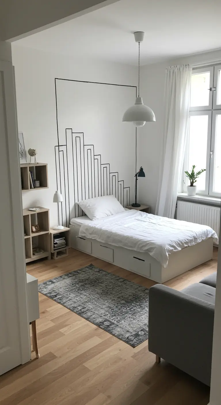 A minimalist bedroom with a cityscape outlined in black washi tape behind the bed.