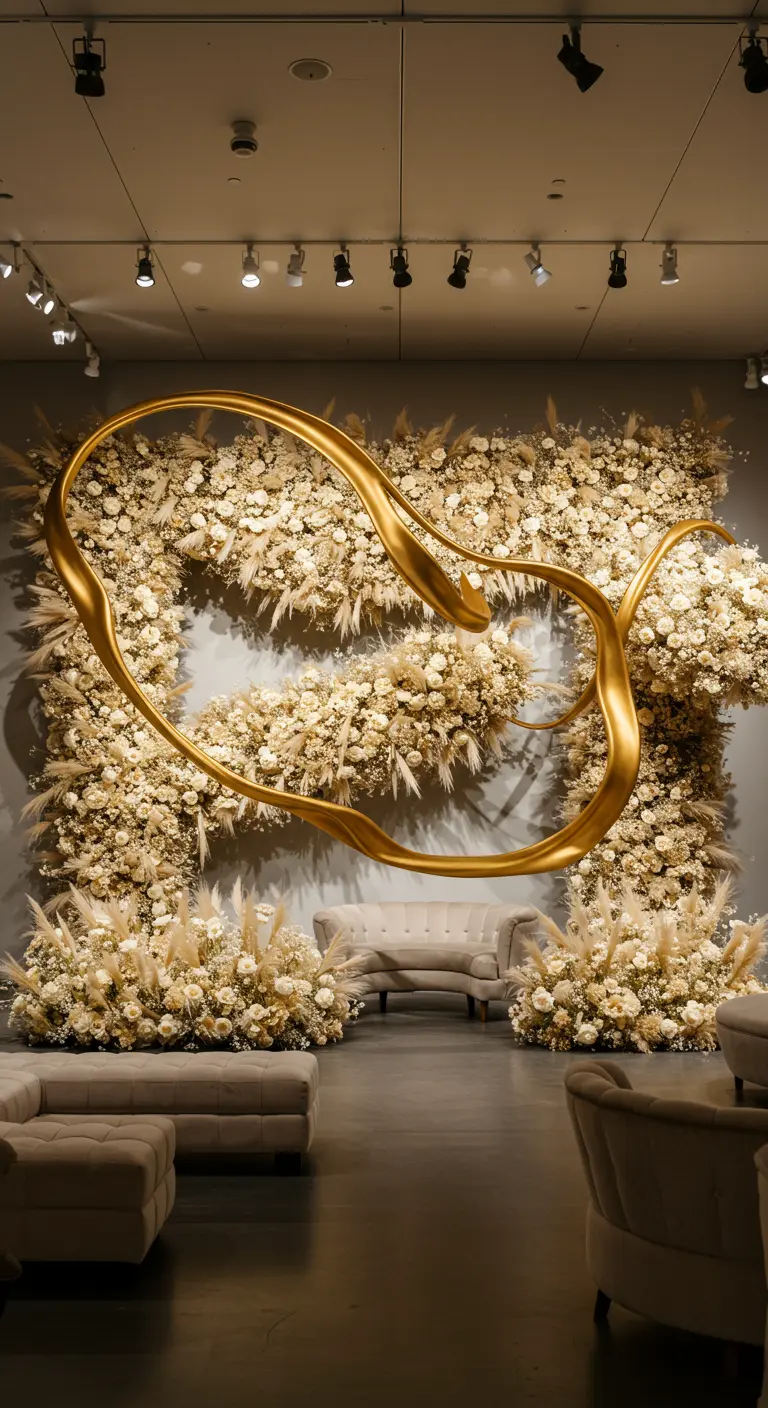 A modern art installation with an abstract gold sculpture framing a cloud of white flowers.