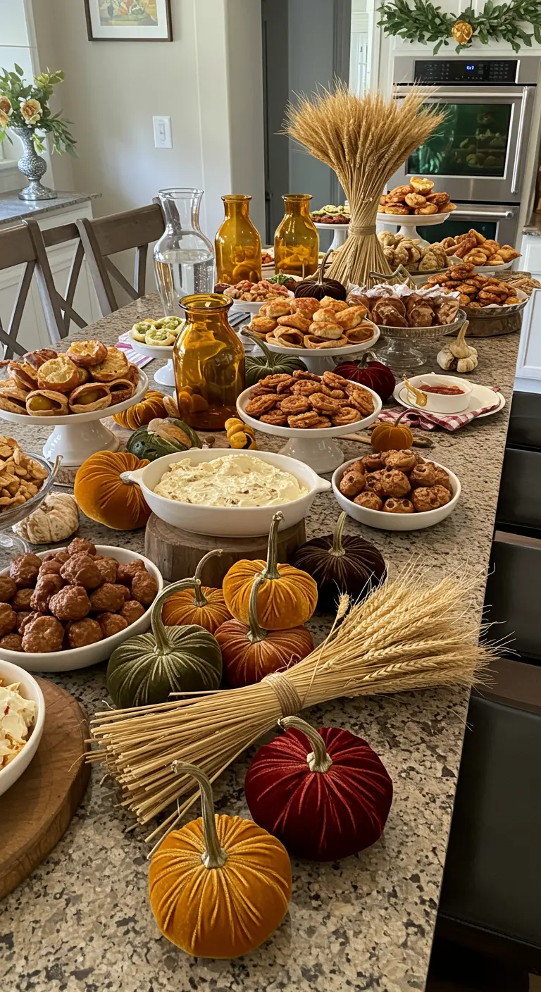 Kitchen counter full of appetizers, decorated with amber vases and velvet pumpkins.