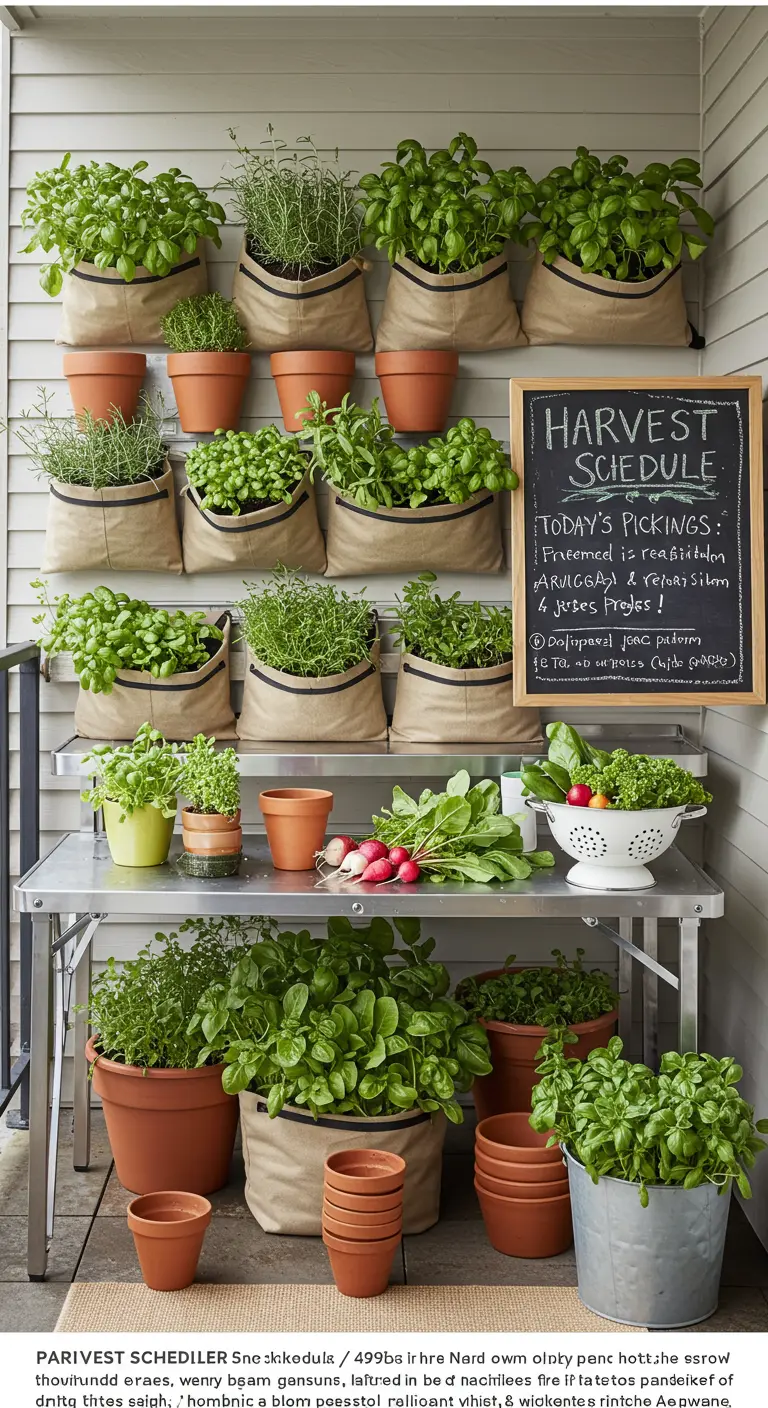 A balcony packed with herbs and vegetables in terracotta pots and fabric grow bags.