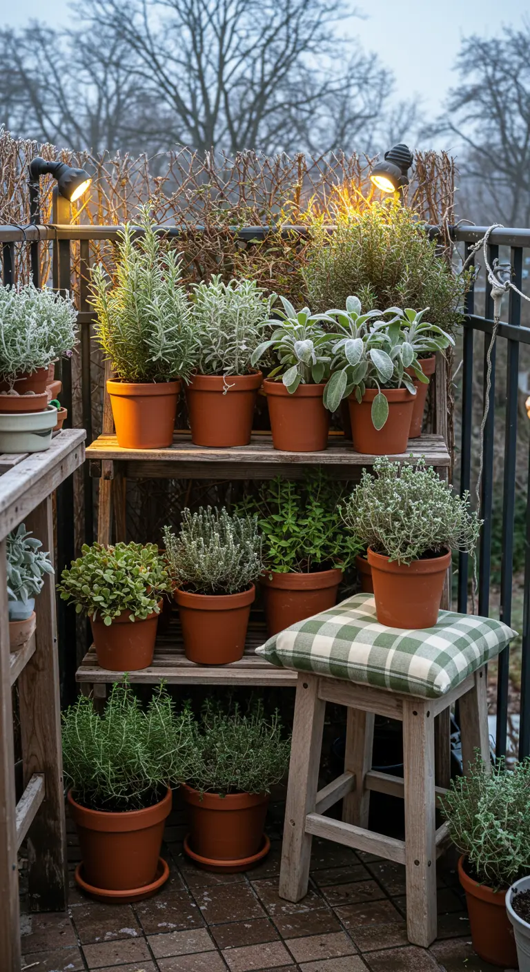 Balcony with shelves full of potted herbs in terracotta, with a stool and plaid cushion.