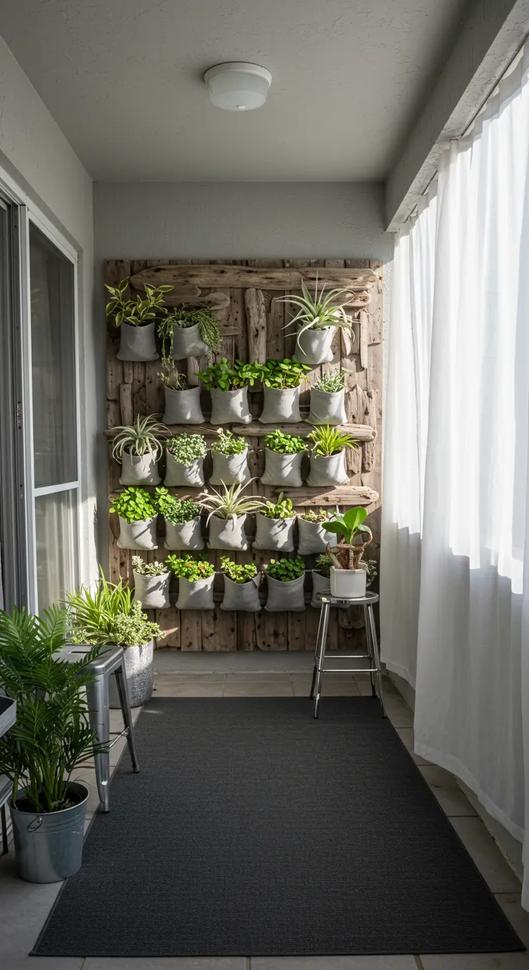 A narrow balcony transformed into a vertical garden with dozens of plants on a wood wall.