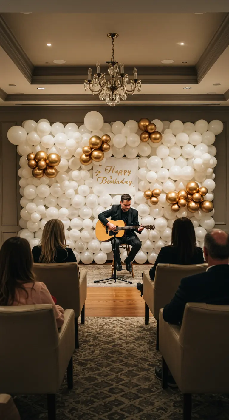 A musician performing with a guitar in front of a white and gold balloon wall for guests.
