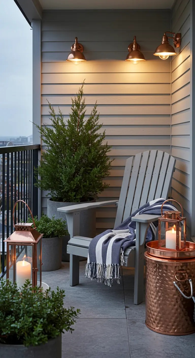A gray Adirondack chair on a balcony with copper wall sconces and a copper bucket side table.