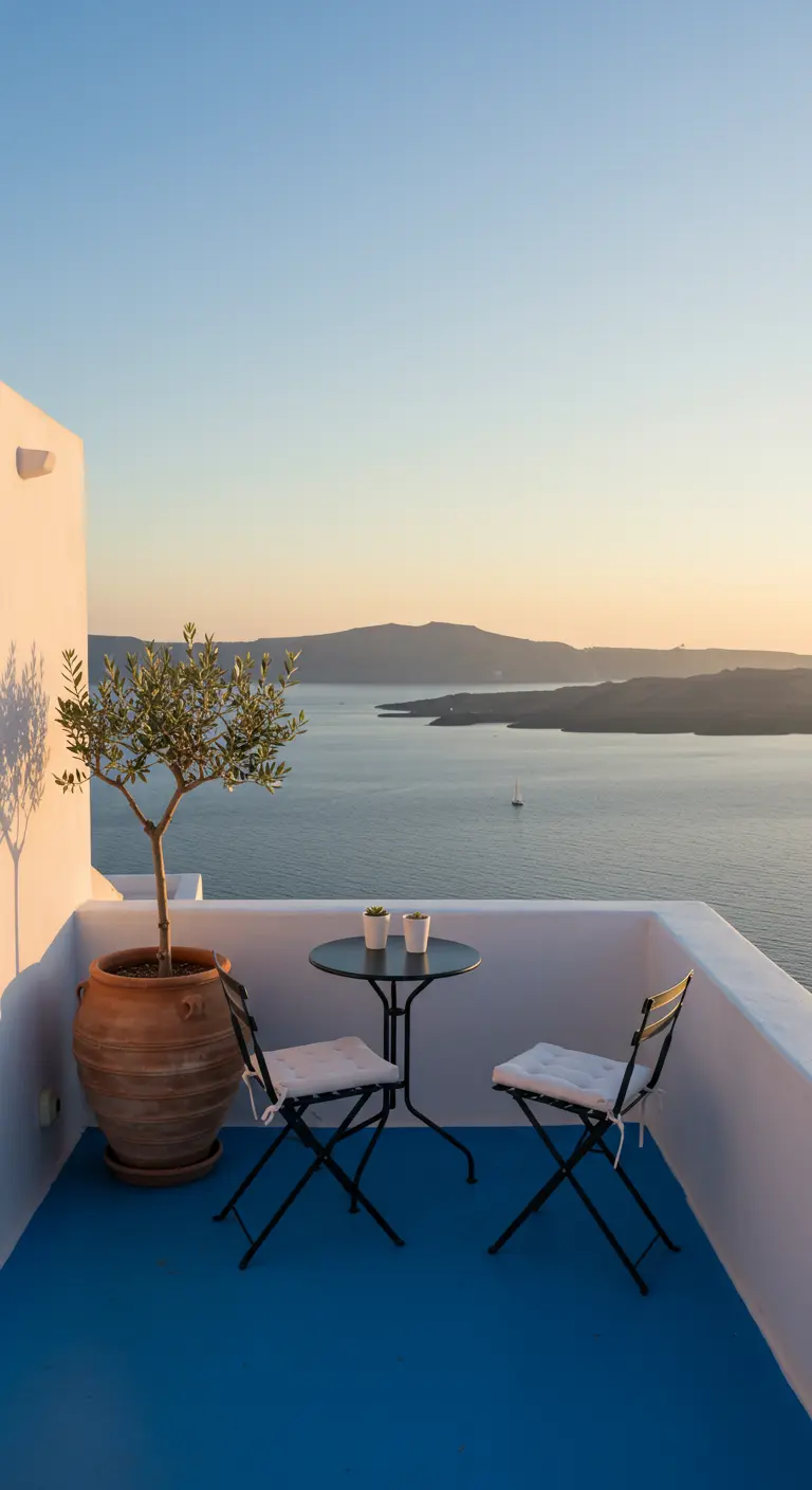 Black bistro set and potted olive tree on a blue balcony overlooking the sea.