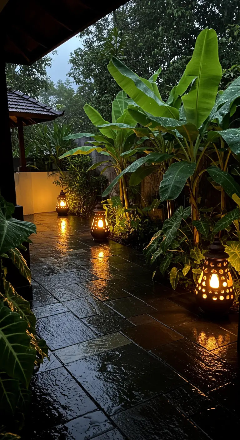 A wet stone pathway at dusk, lined with glowing lanterns next to banana plants.