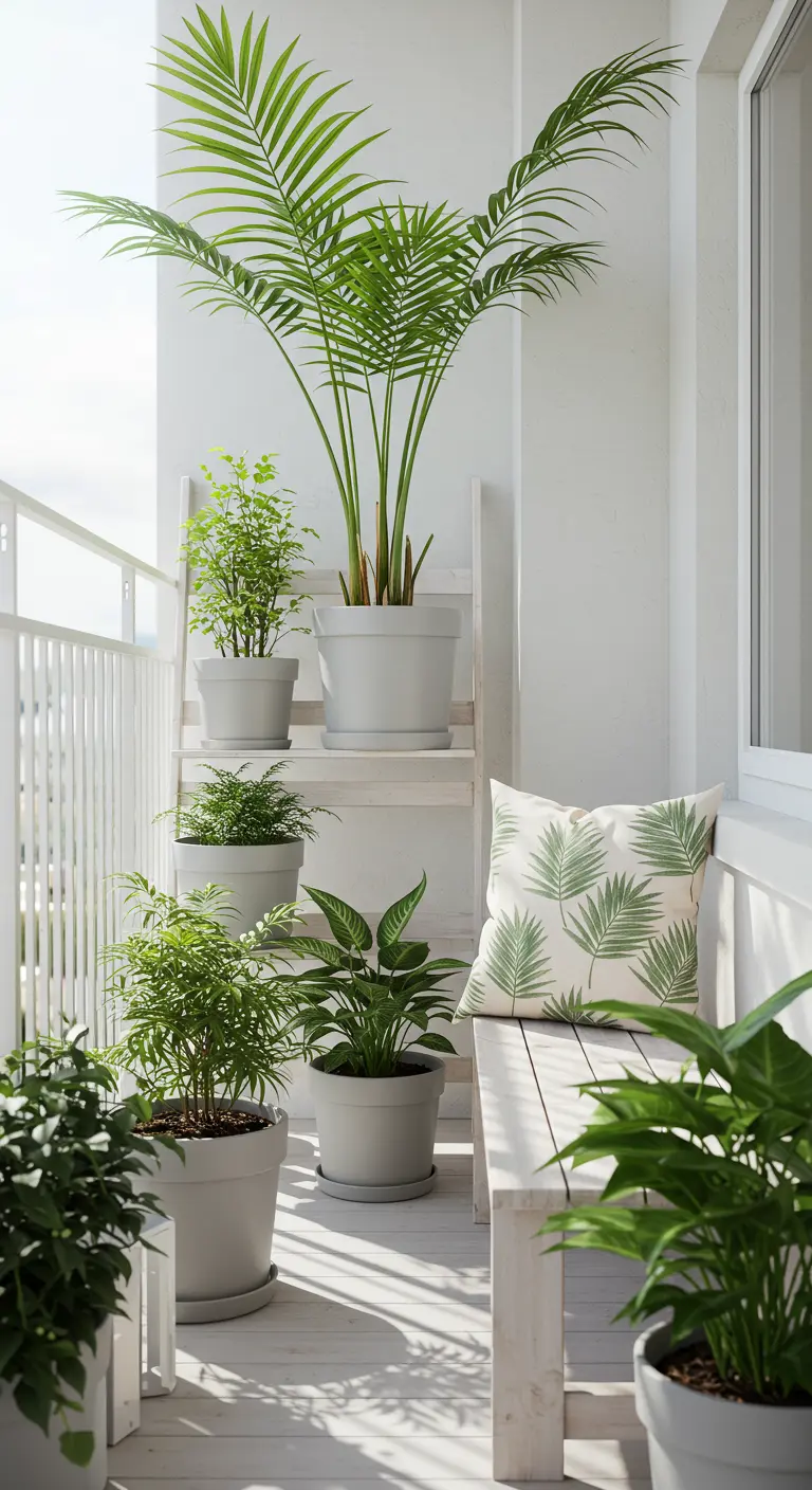 A white ladder shelf on a balcony holds several plants in matching pots.