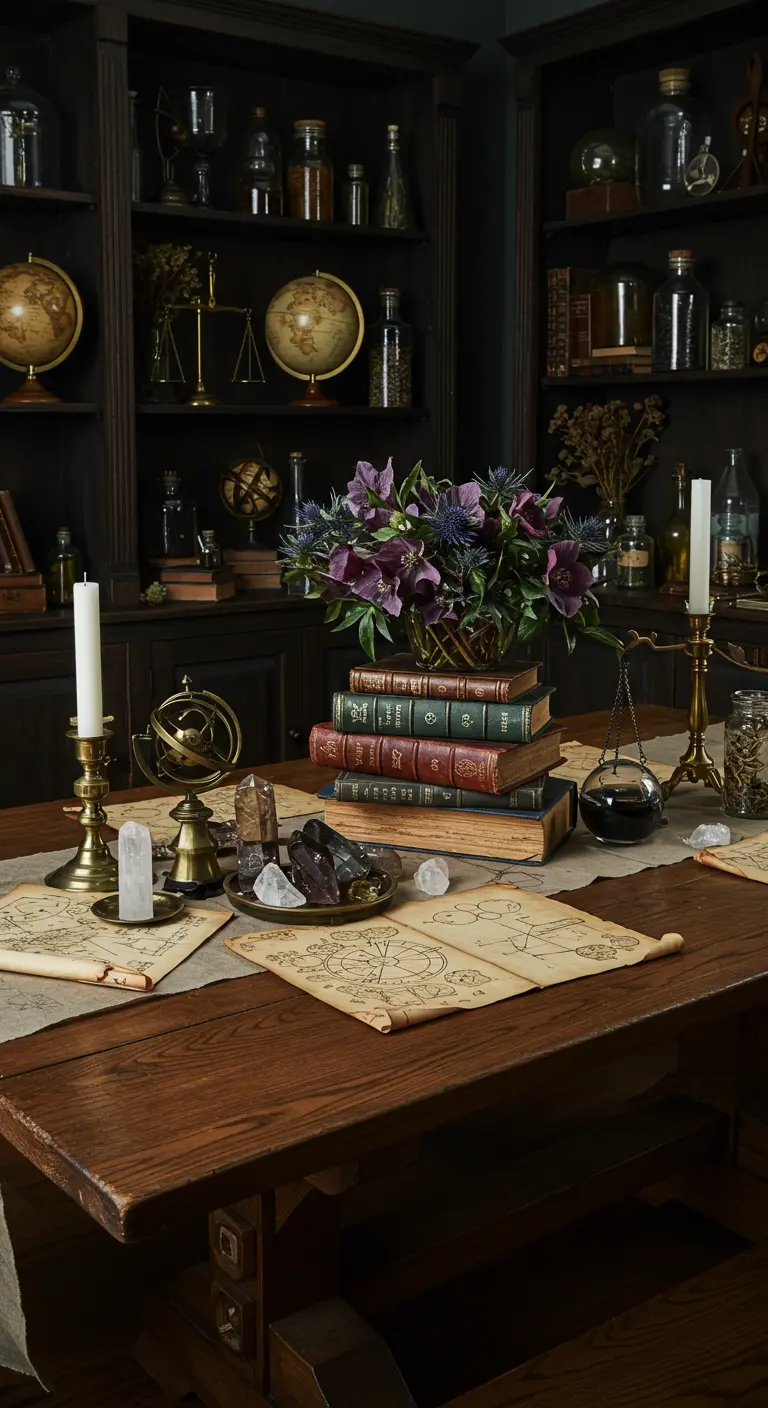 A dark wood table set with old books, scrolls, crystals, and apothecary jars.