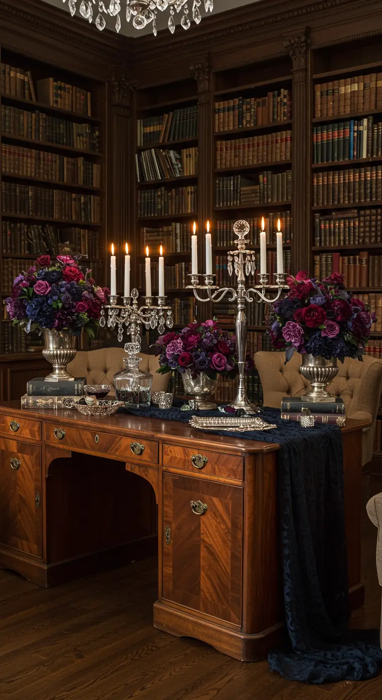A wood library desk styled as a Halloween bar with moody florals, silver urns, and candelabras.