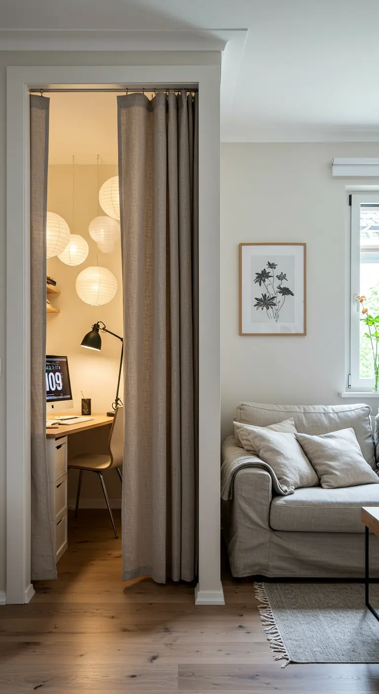 A small alcove turned into an office, separated from the living room by a simple linen curtain.