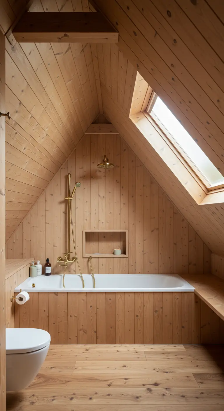 Attic bathroom completely paneled in light pine wood, with a bathtub under a skylight.
