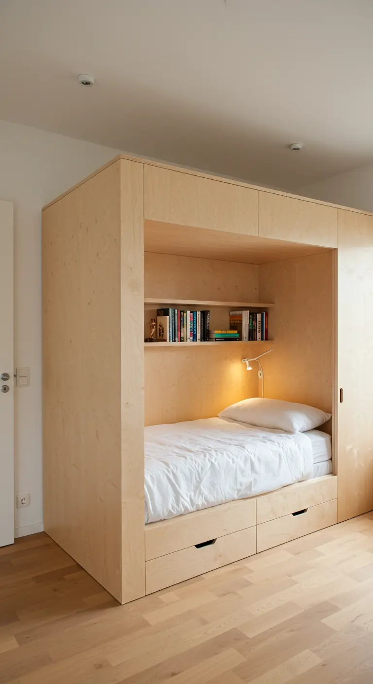 A cozy built-in bed nook made of light plywood with integrated shelving and storage drawers.