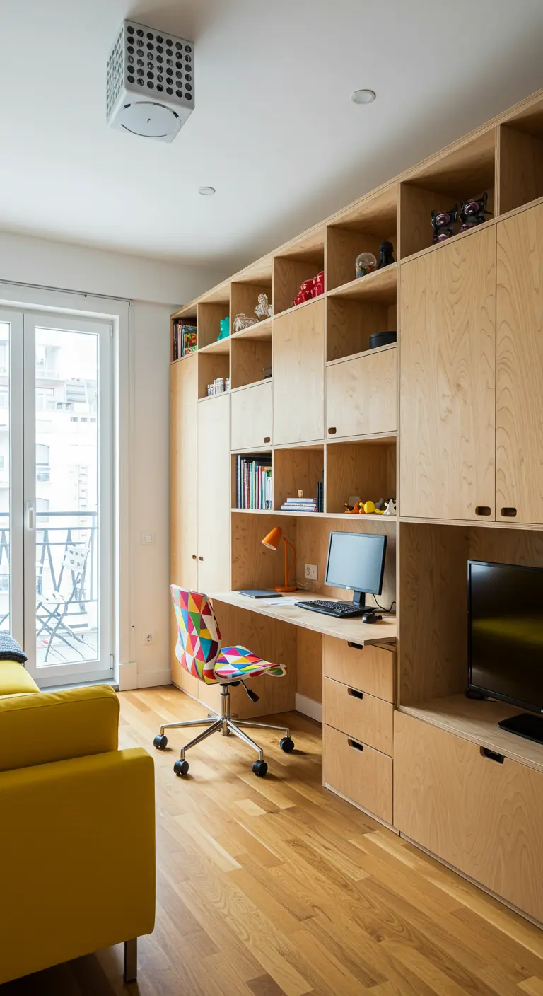 A large plywood media unit with a built-in desk, TV, and a colorful patchwork chair.