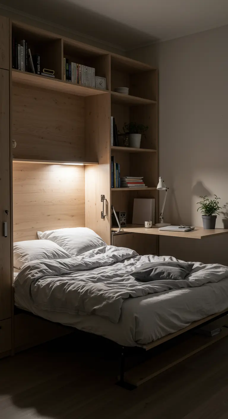 A floor-to-ceiling wood unit with a Murphy bed, shelves, and an integrated desk.