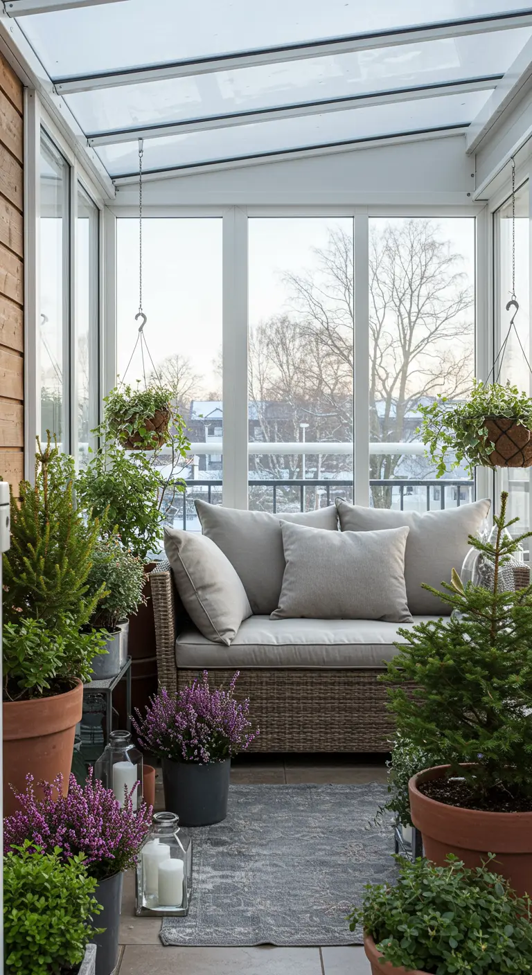 A cozy enclosed balcony filled with numerous plants, a sofa, and candles.