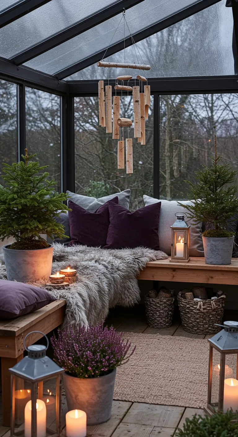 A cozy glass conservatory decorated for winter with a faux fur throw, lanterns, and small pines.