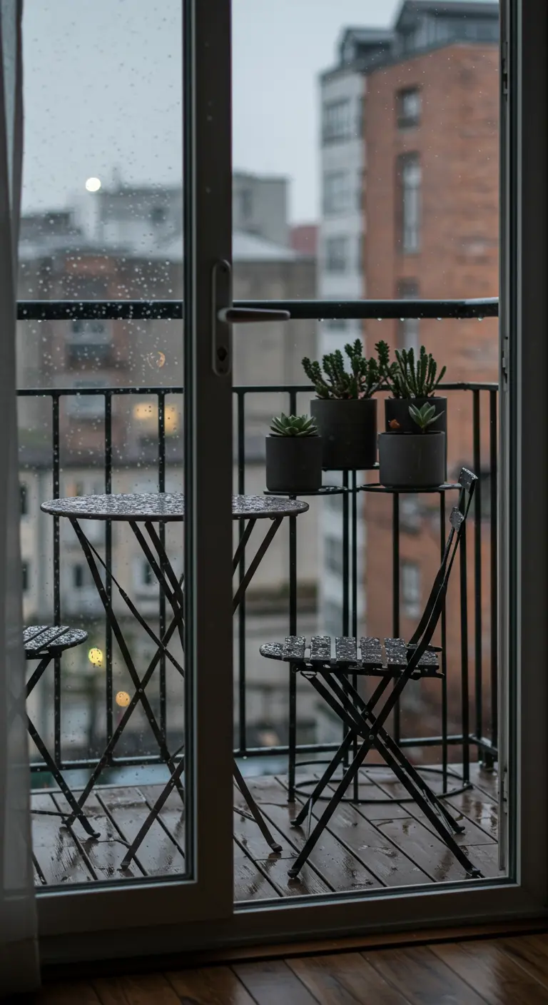 A black metal bistro set with potted succulents on a wet balcony, seen through a glass door.