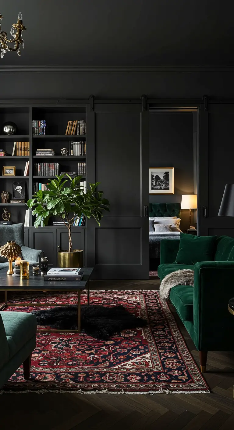 Dark, moody living room with a charcoal sliding door and an emerald green velvet sofa.