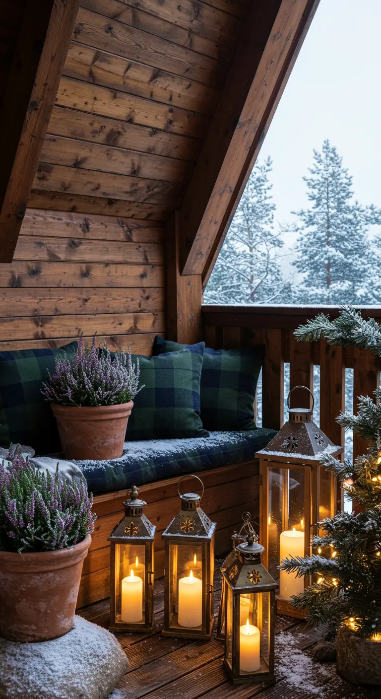 Rustic wood balcony with green plaid pillows, heather, and glowing lanterns in the snow.