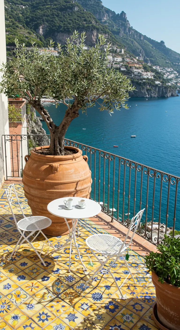 A balcony with vibrant yellow and blue patterned tiles overlooking the Amalfi Coast.