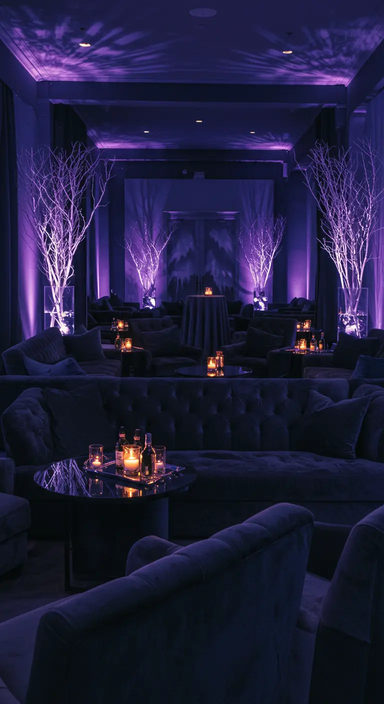 A dark lounge area with purple uplighting illuminating tall bare branches in vases.