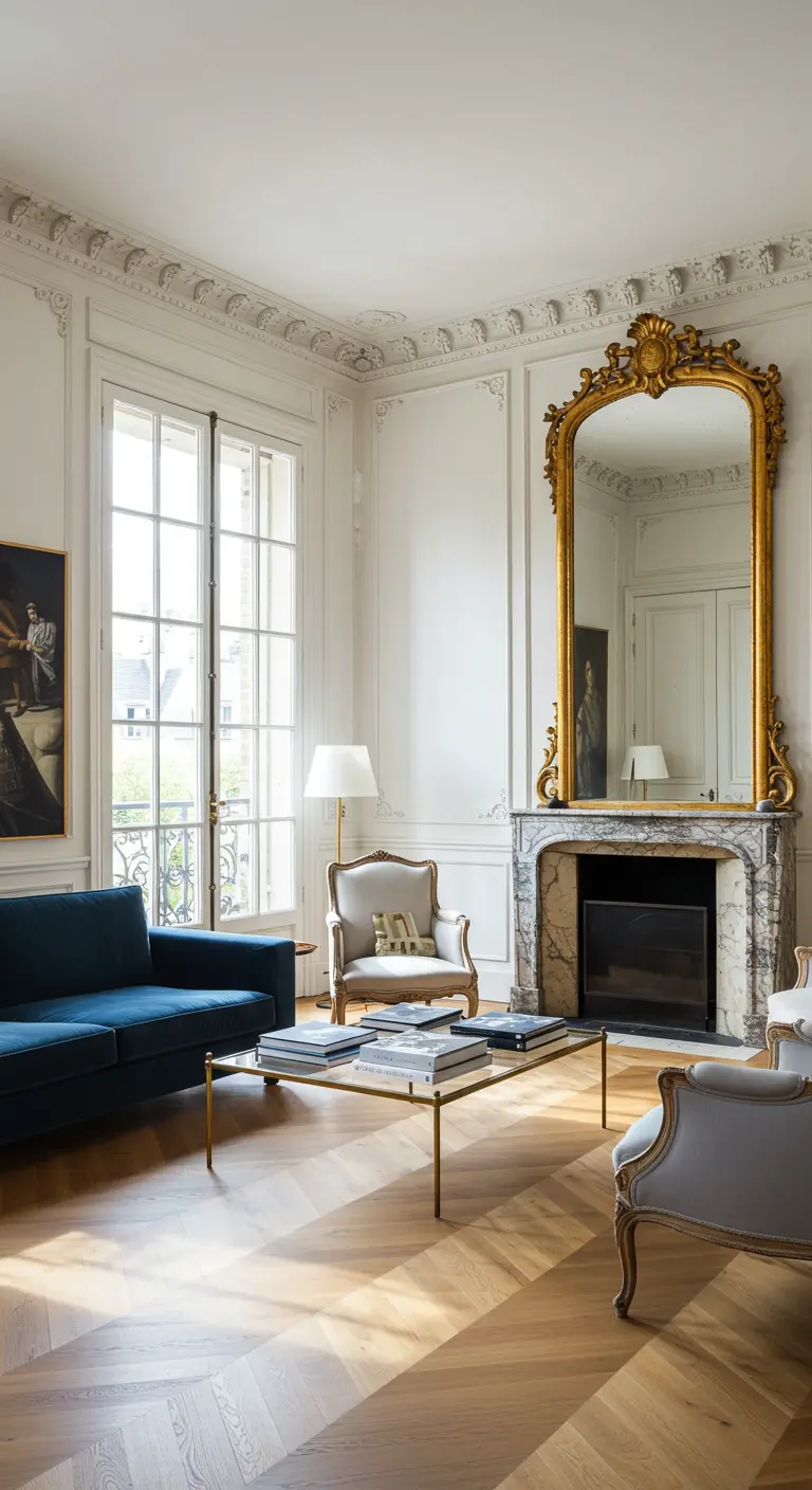 Sunlit living room with a blue sofa, marble fireplace, and ornate gold mirror.